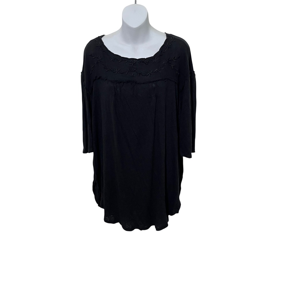 Free People Tunic Top Womens Small Black Linen Blend Embroidered Boho Relaxed